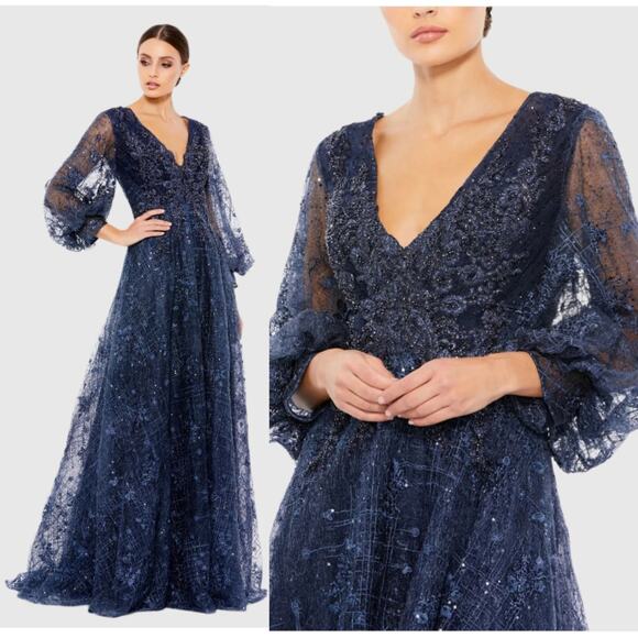 Mac Duggal 20283 Midnight Navy Blue 6 Long Sleeve Formal Maxi Gown Dress - Picture 1 of 12